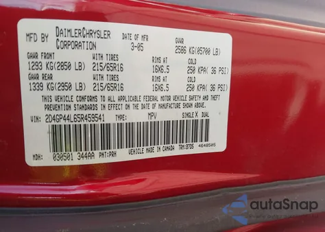2005 Dodge Grand Caravan Sxt z USA, uszkodzony, nr VIN 2D4GP44L65R459541